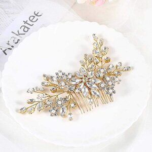 🆕Women Gold Flower Crystal Hair Comb Accessories with Pearl Side Comb Headpiece